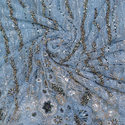 Powder Blue Sequin & Floral Hand-Embellished Net Fabric
