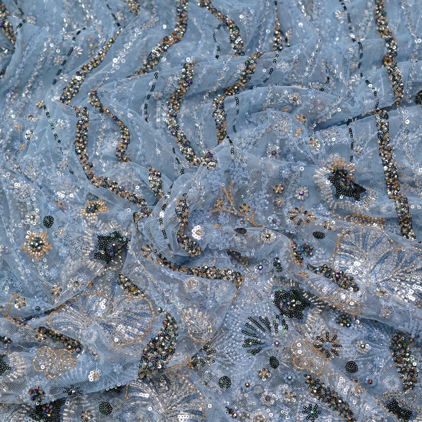 Powder Blue Sequin & Floral Hand-Embellished Net Fabric
