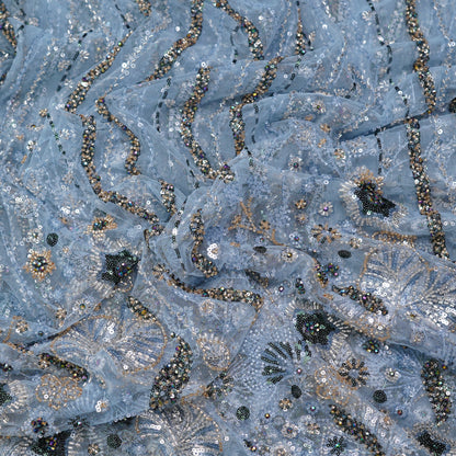 Powder Blue Sequin & Floral Hand-Embellished Net Fabric