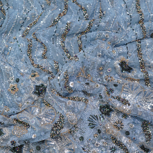 Powder Blue Sequin & Floral Hand-Embellished Net Fabric