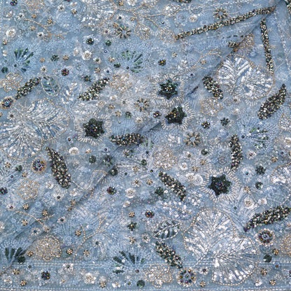 Powder Blue Sequin & Floral Hand-Embellished Net Fabric