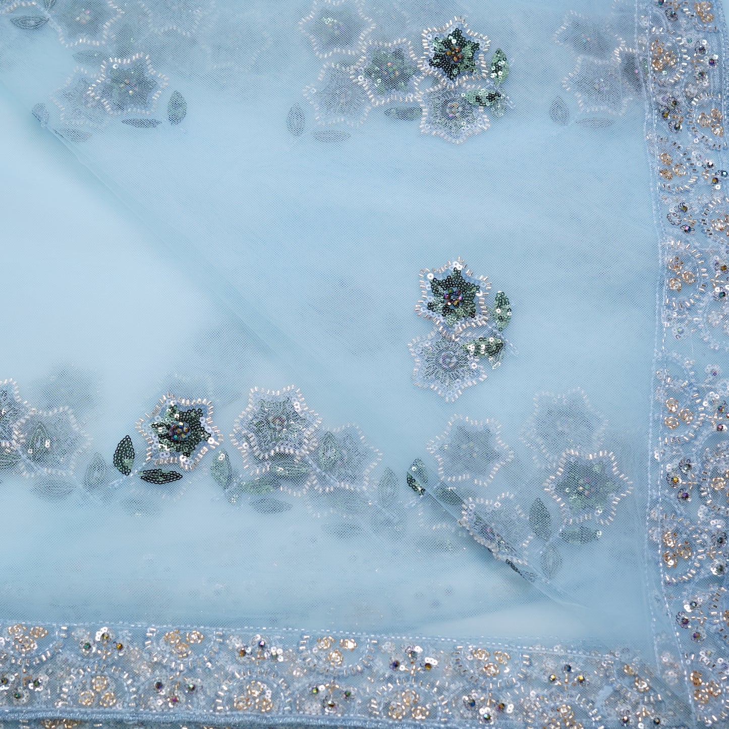 Powder Blue Floral Embroidered Net Dupatta Fabric with Sequin Borders