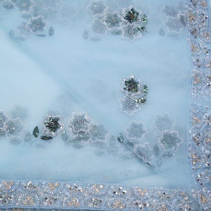 Powder Blue Floral Embroidered Net Dupatta Fabric with Sequin Borders