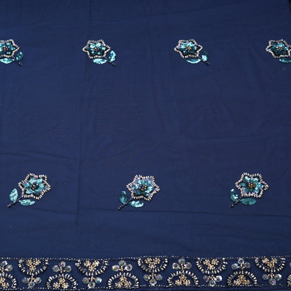 Deep Navy Blue Sequined Floral Net Dupatta Fabric