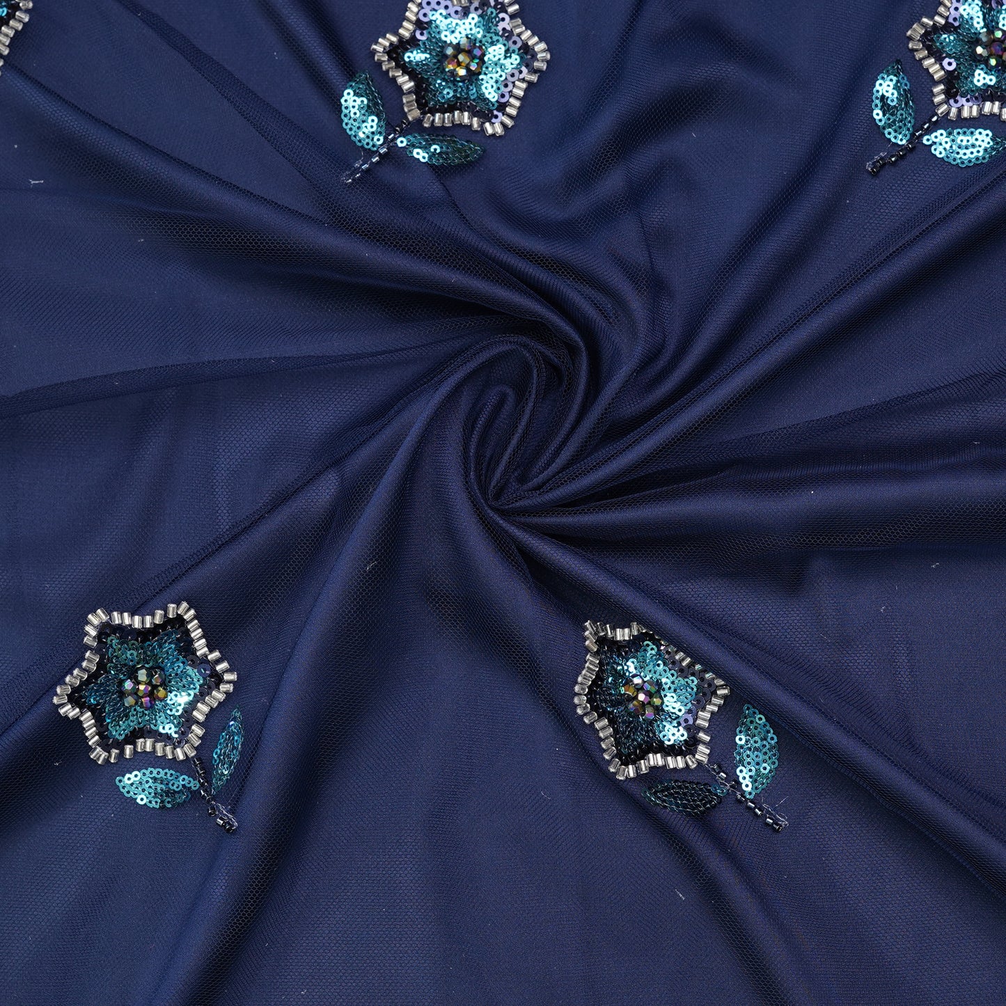 Deep Navy Blue Sequined Floral Net Dupatta Fabric