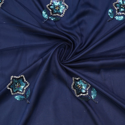 Deep Navy Blue Sequined Floral Net Dupatta Fabric