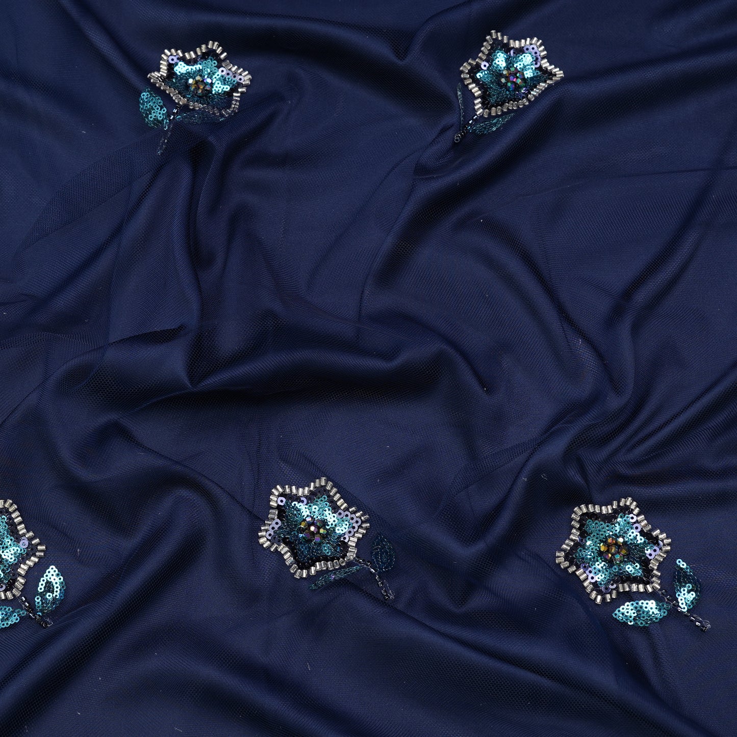 Deep Navy Blue Sequined Floral Net Dupatta Fabric