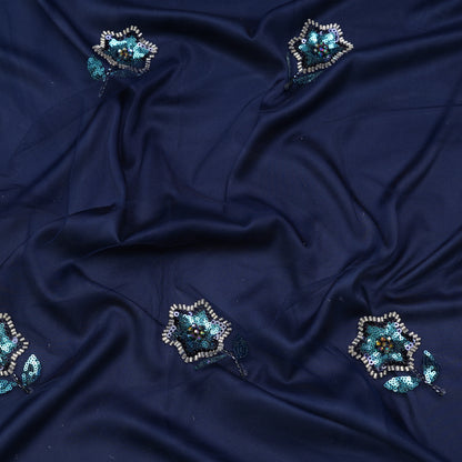 Deep Navy Blue Sequined Floral Net Dupatta Fabric