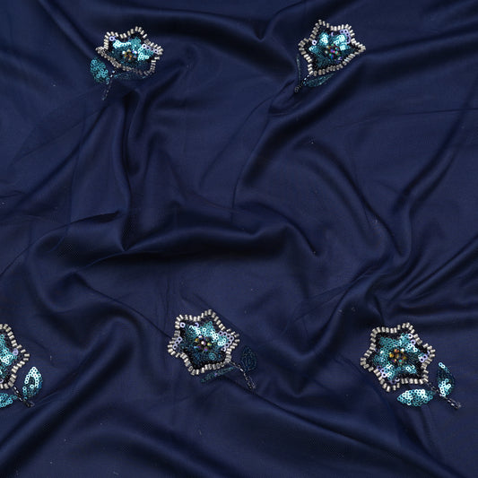 Deep Navy Blue Sequined Floral Net Dupatta Fabric