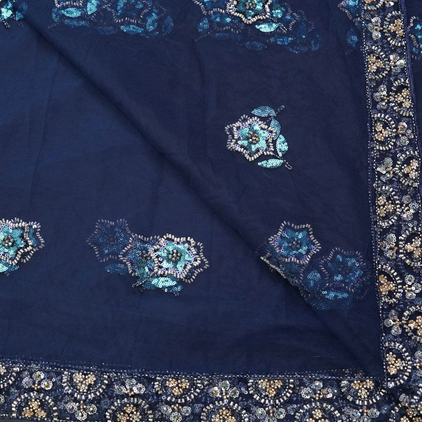 Deep Navy Blue Sequined Floral Net Dupatta Fabric