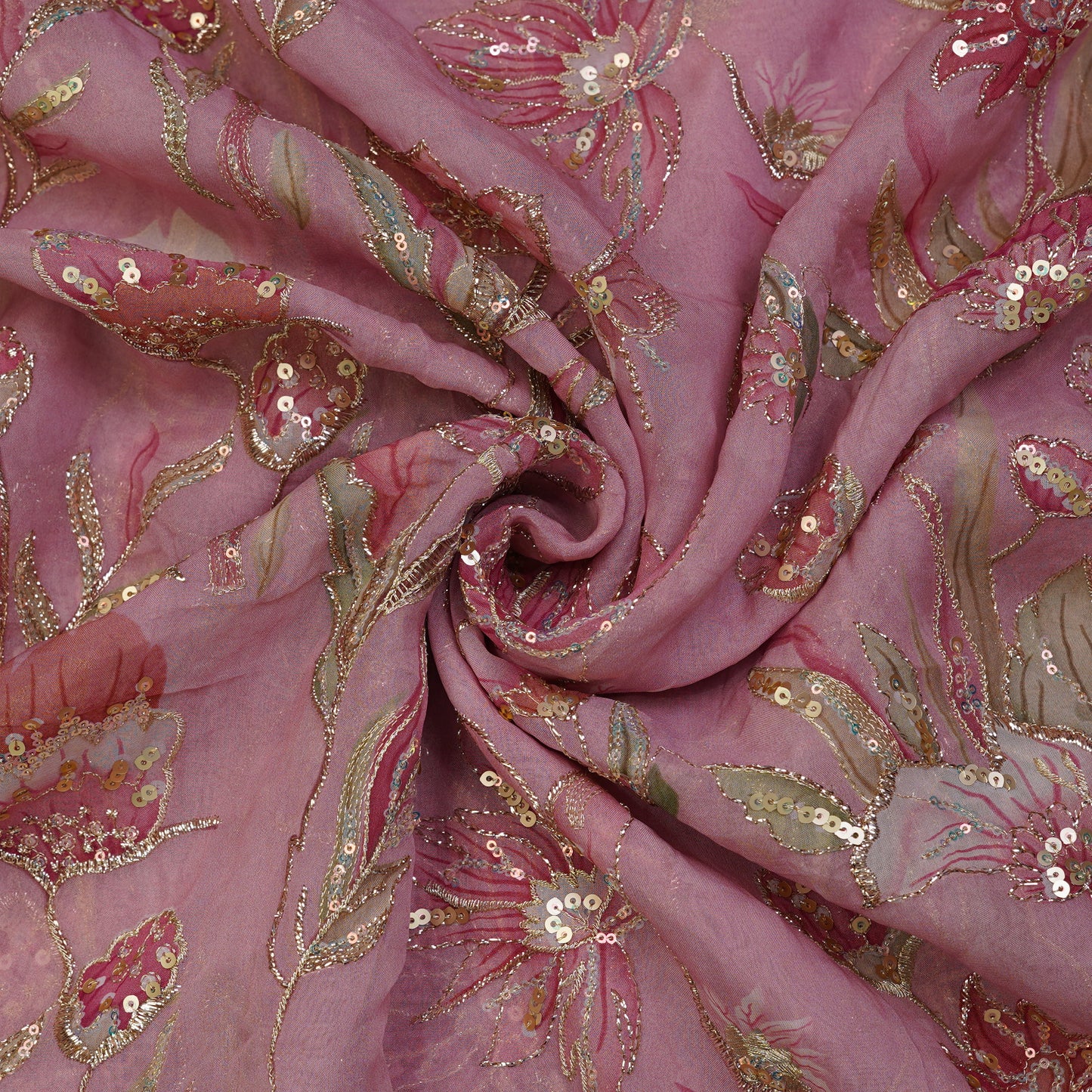 Rose Petal Floral Sequin Embroidered organza Fabric