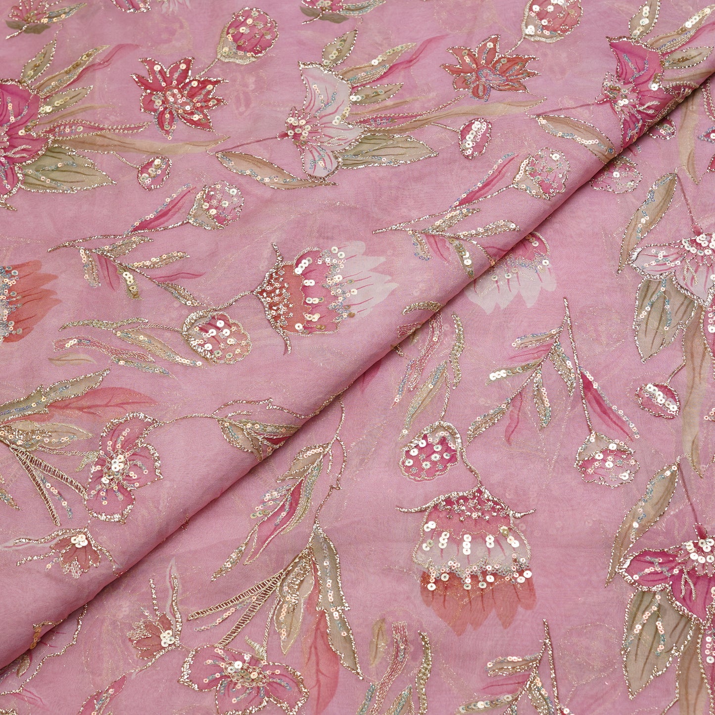 Rose Petal Floral Sequin Embroidered organza Fabric