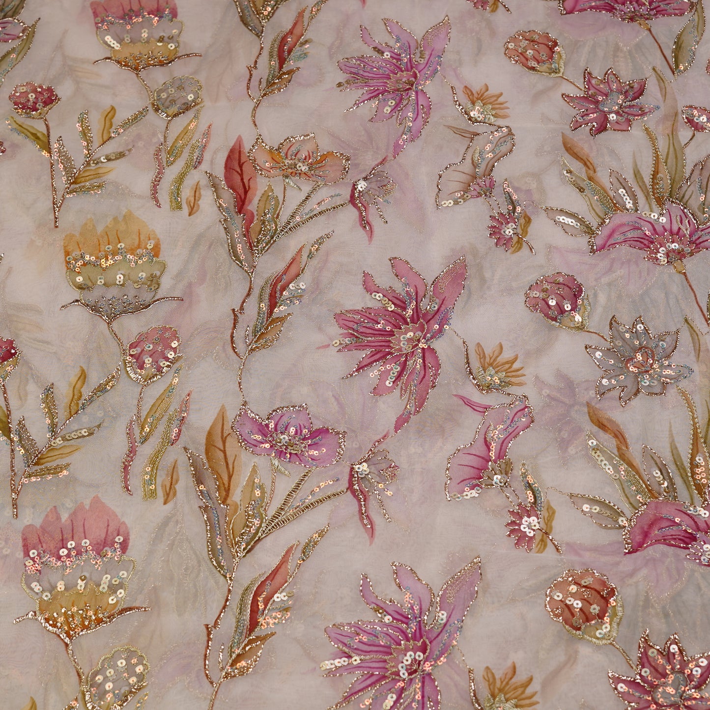Blush Bloom Sequin Embroidered Net Fabric