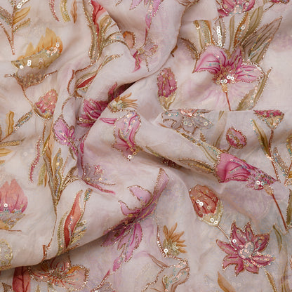 Blush Bloom Sequin Embroidered Net Fabric