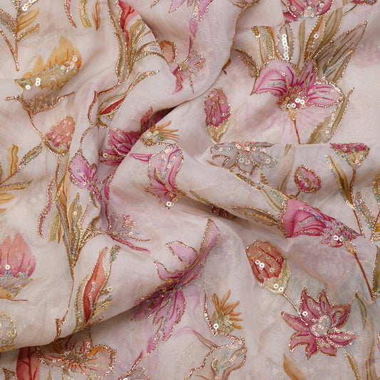 Blush Bloom Sequin Embroidered Net Fabric