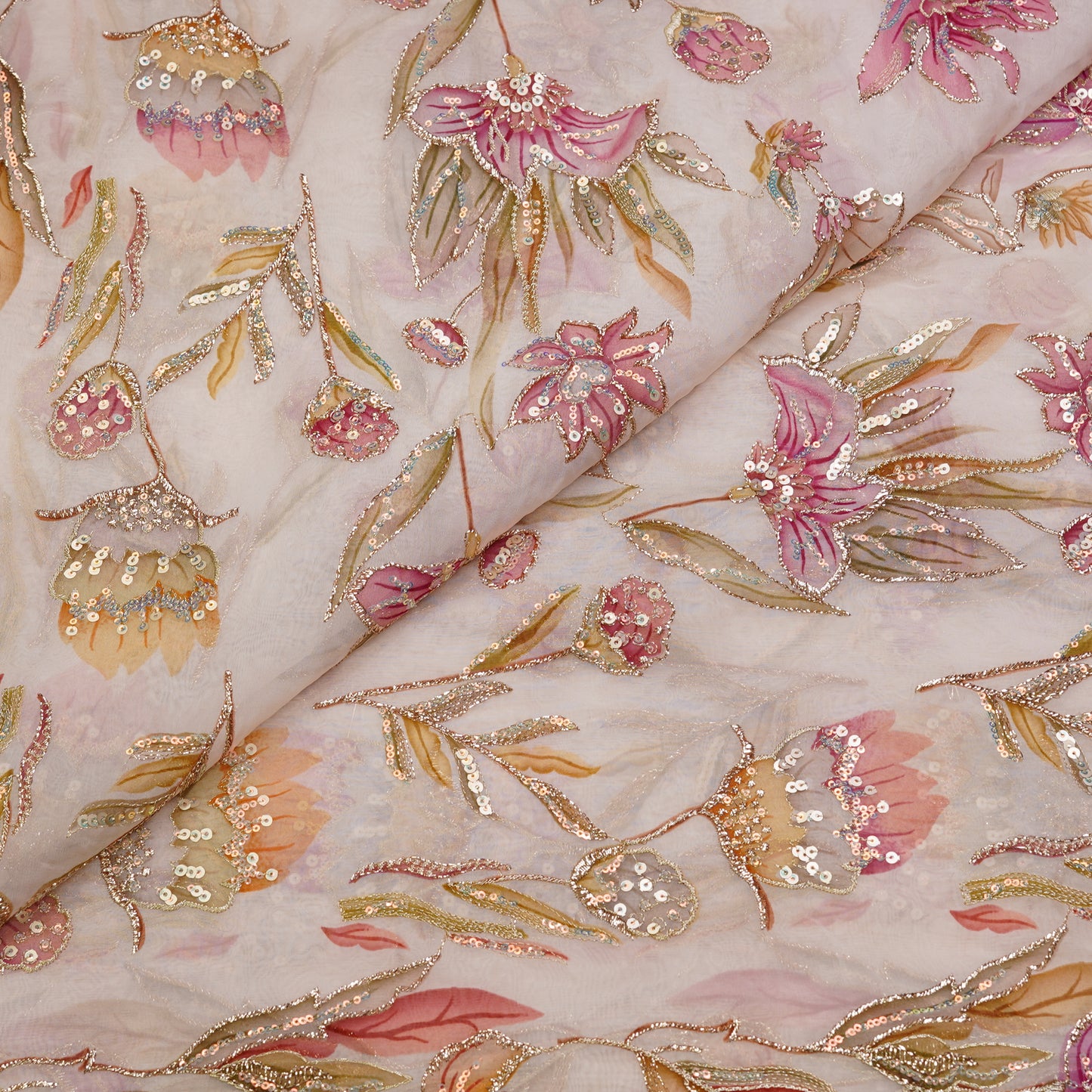 Blush Bloom Sequin Embroidered Net Fabric