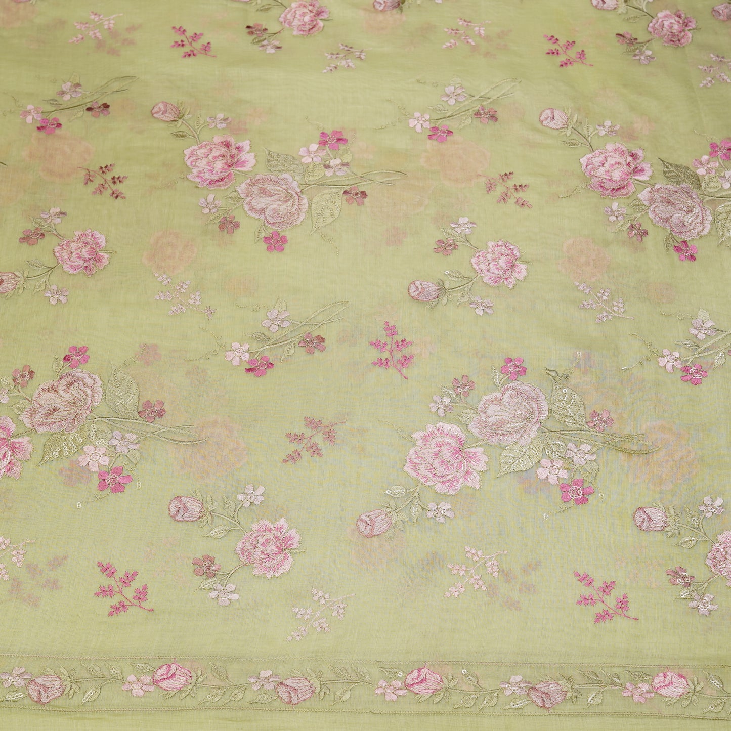 Pastel Green Chanderi Fabric with Big Rose Embroidery