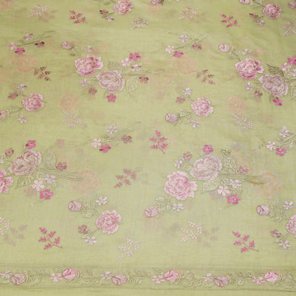 Pastel Green Chanderi Fabric with Big Rose Embroidery
