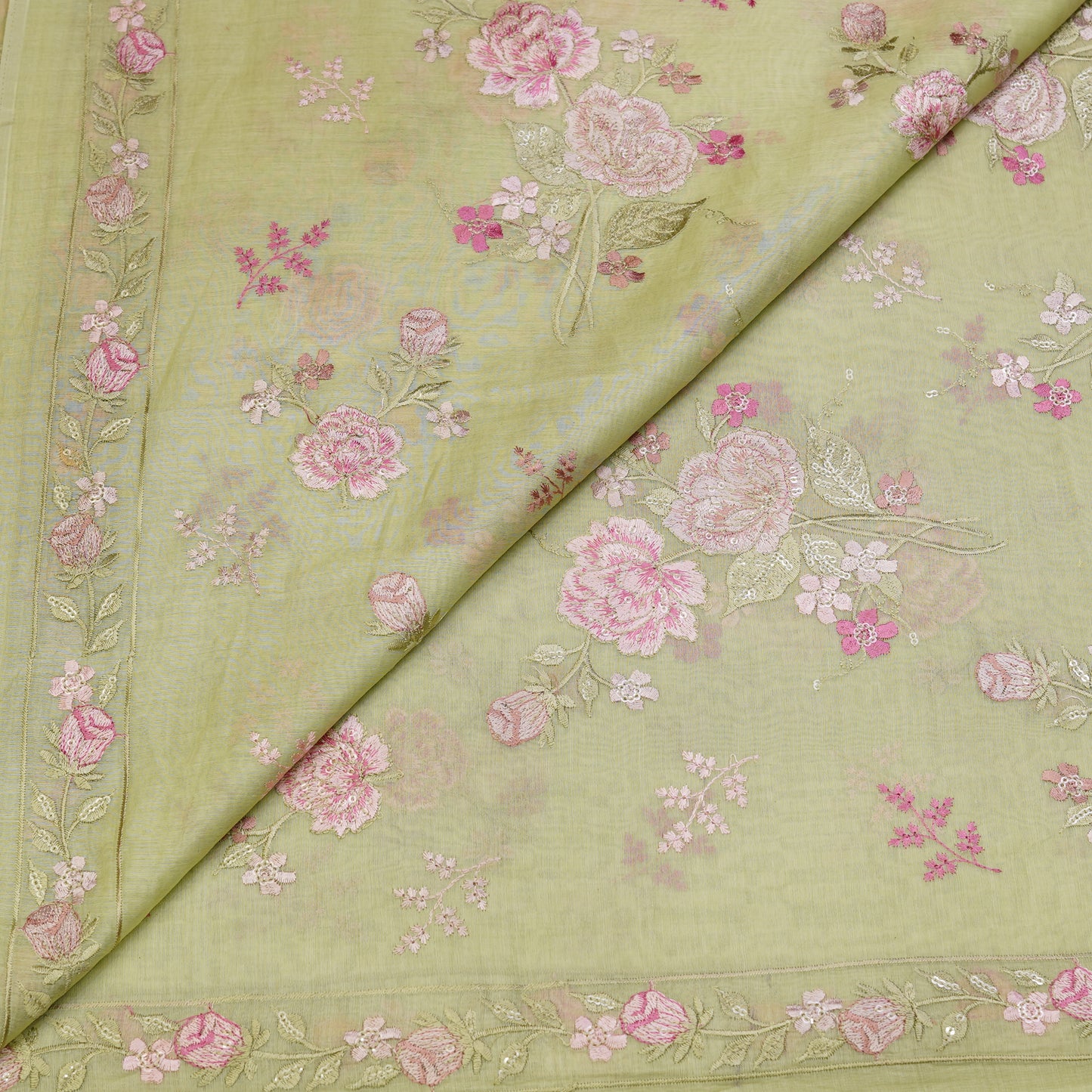 Pastel Green Chanderi Fabric with Big Rose Embroidery