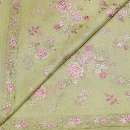 Pastel Green Chanderi Fabric with Big Rose Embroidery
