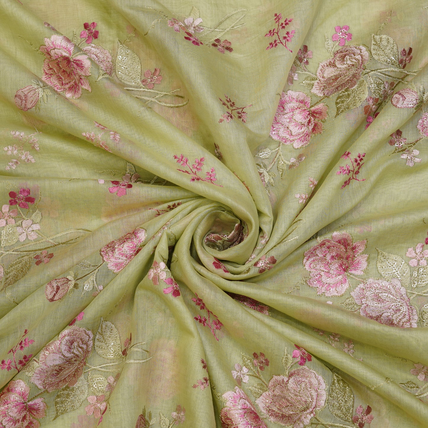 Pastel Green Chanderi Fabric with Big Rose Embroidery