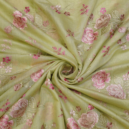 Pastel Green Chanderi Fabric with Big Rose Embroidery
