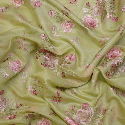 Pastel Green Chanderi Fabric with Big Rose Embroidery