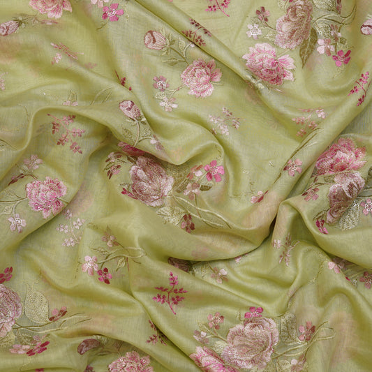Pastel Green Chanderi Fabric with Big Rose Embroidery