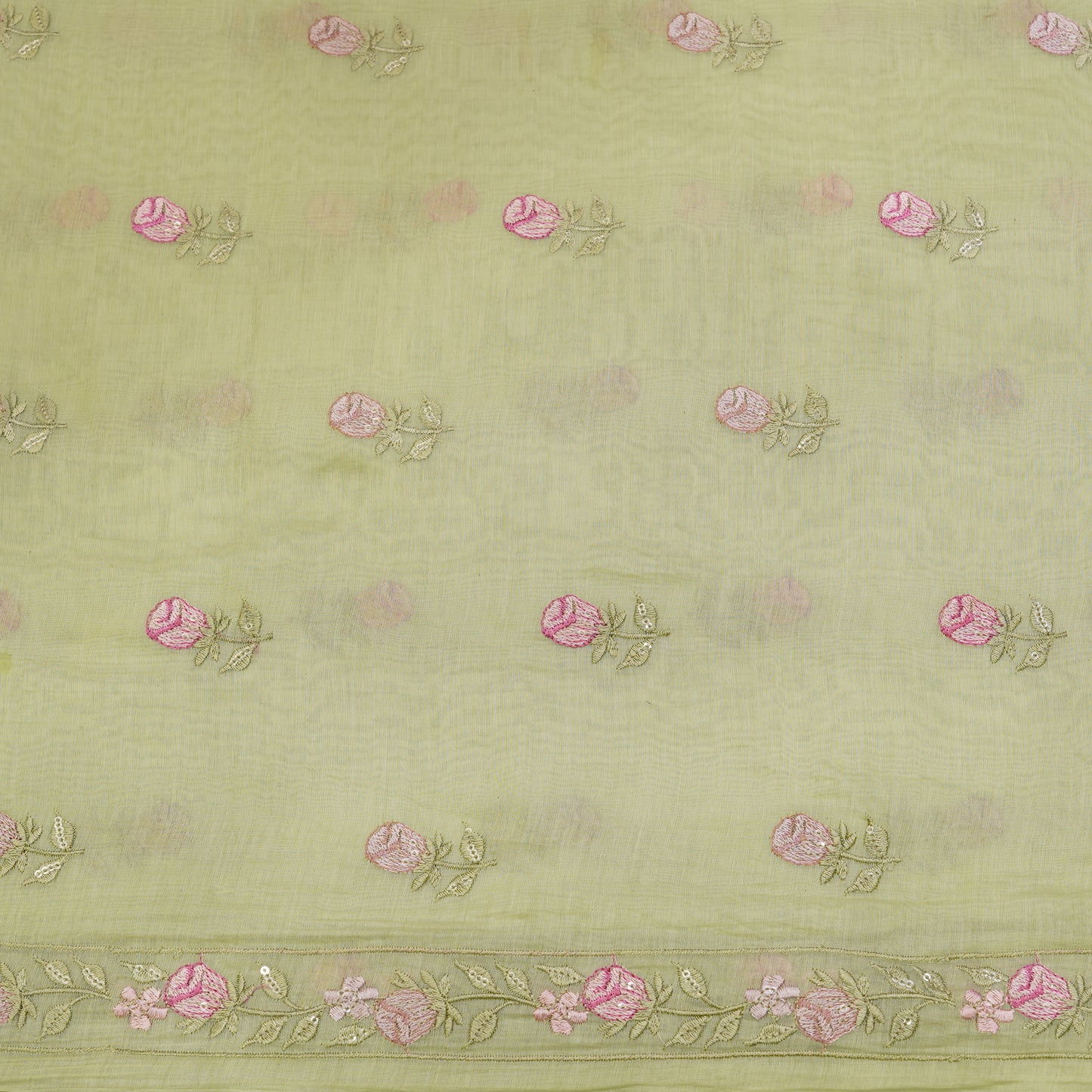 Pastel Pistachio Chanderi Fabric with Rosebud Embroidery