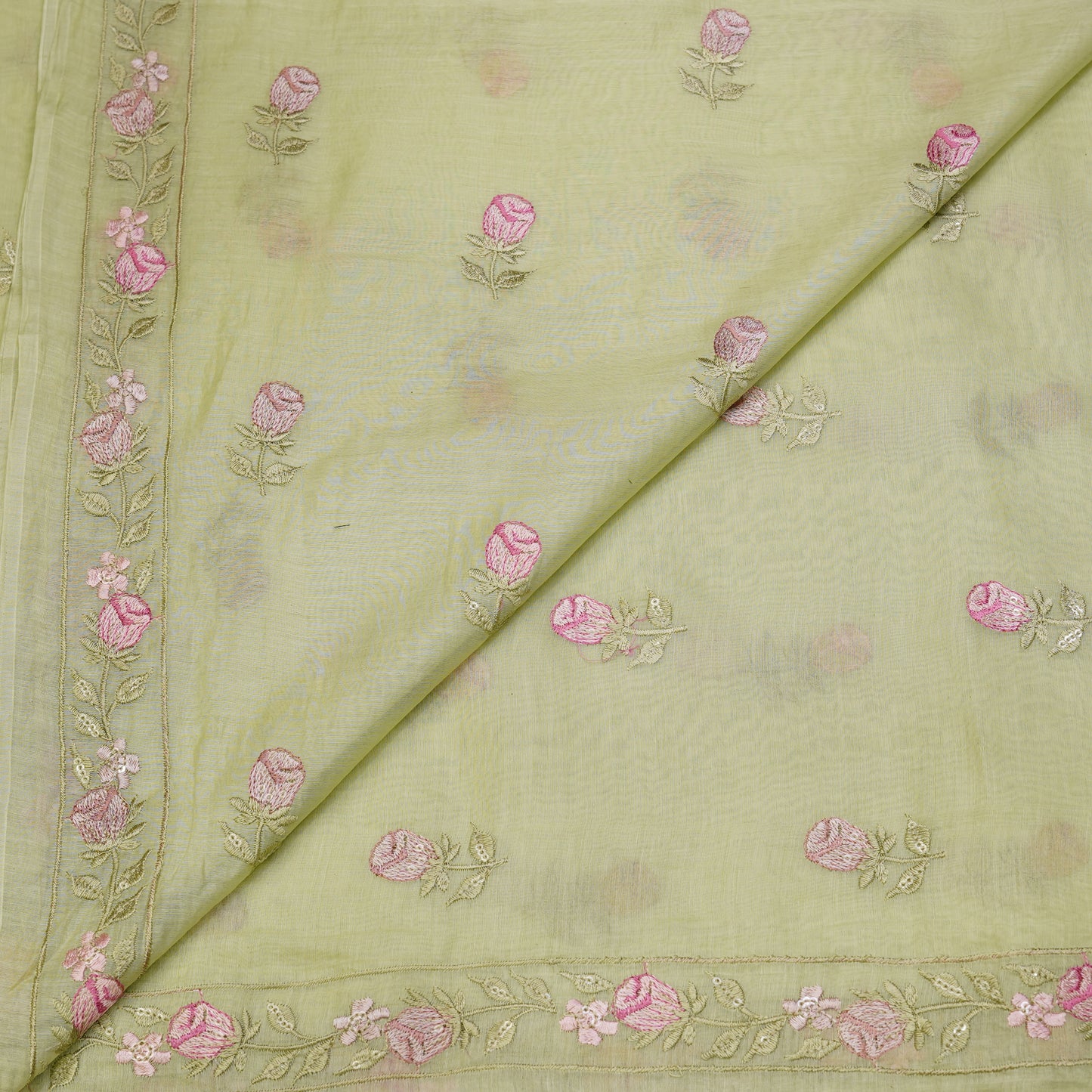 Pastel Pistachio Chanderi Fabric with Rosebud Embroidery