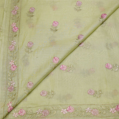 Pastel Pistachio Chanderi Fabric with Rosebud Embroidery