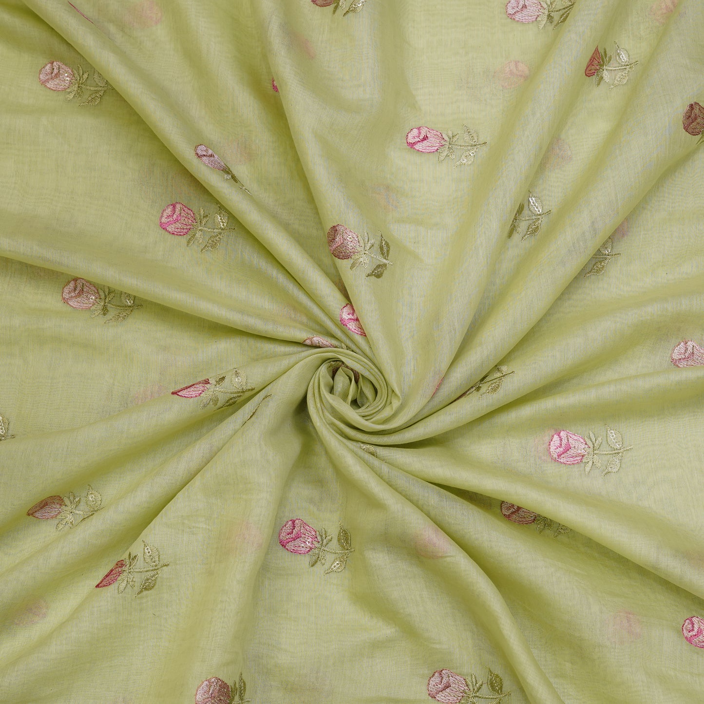 Pastel Pistachio Chanderi Fabric with Rosebud Embroidery