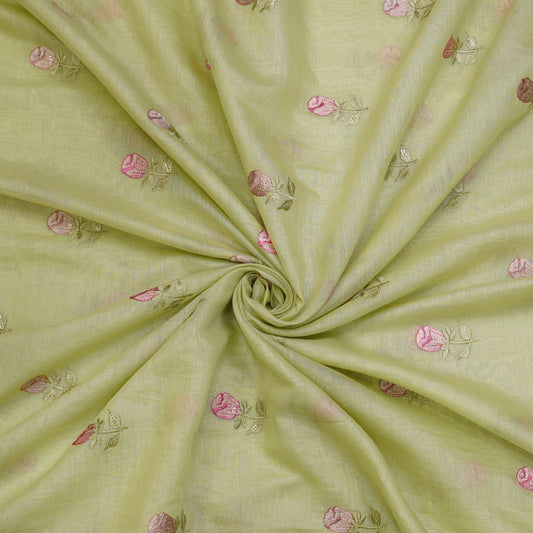 Pastel Pistachio Chanderi Fabric with Rosebud Embroidery