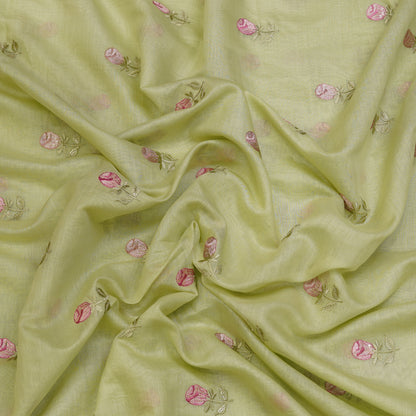 Pastel Pistachio Chanderi Fabric with Rosebud Embroidery