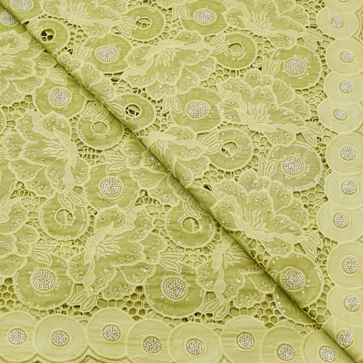 Luxury Lime Green 3D Cutwork Sequin Embroidered Fabric