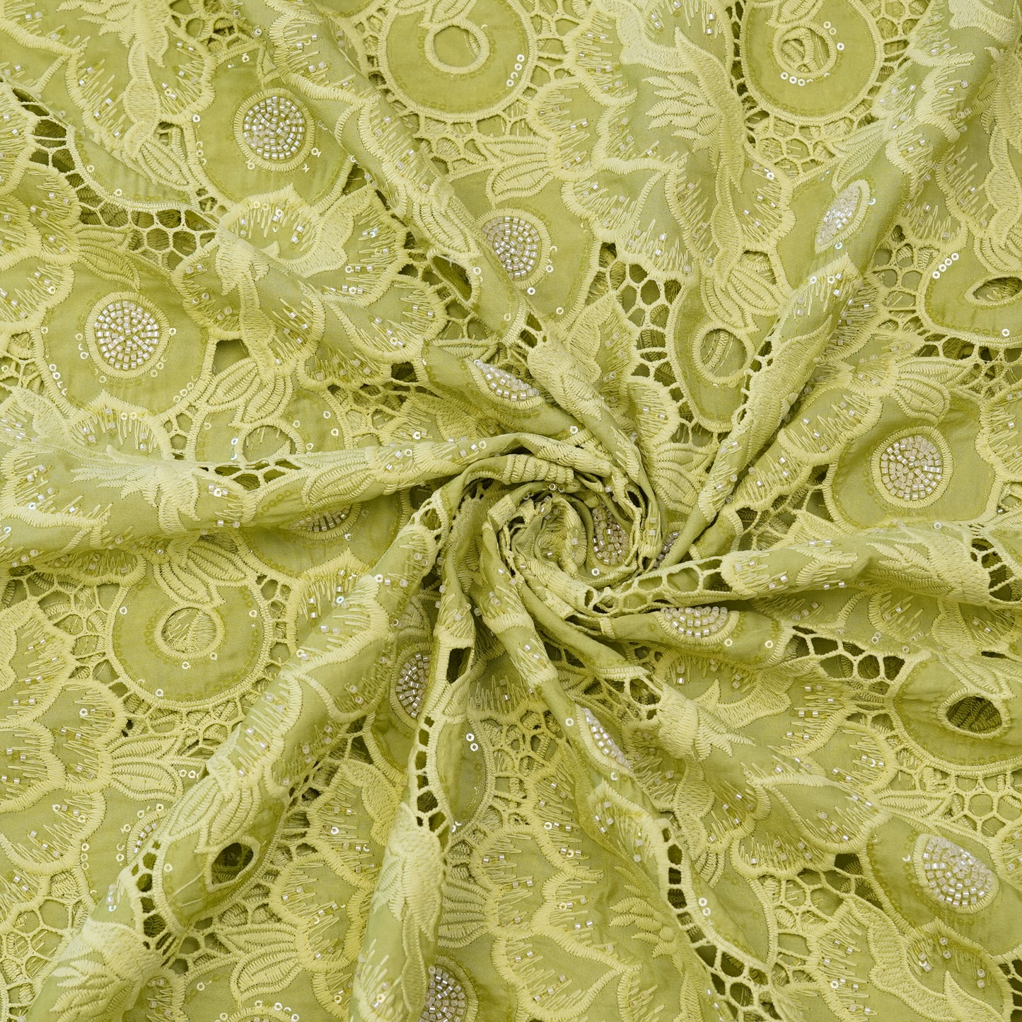 Luxury Lime Green 3D Cutwork Sequin Embroidered Fabric