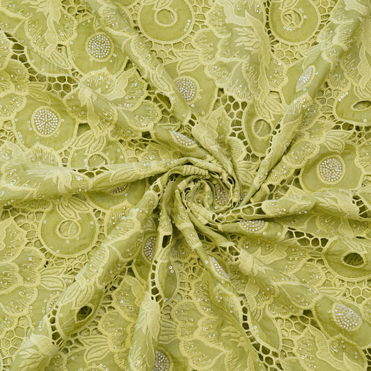 Luxury Lime Green 3D Cutwork Sequin Embroidered Fabric
