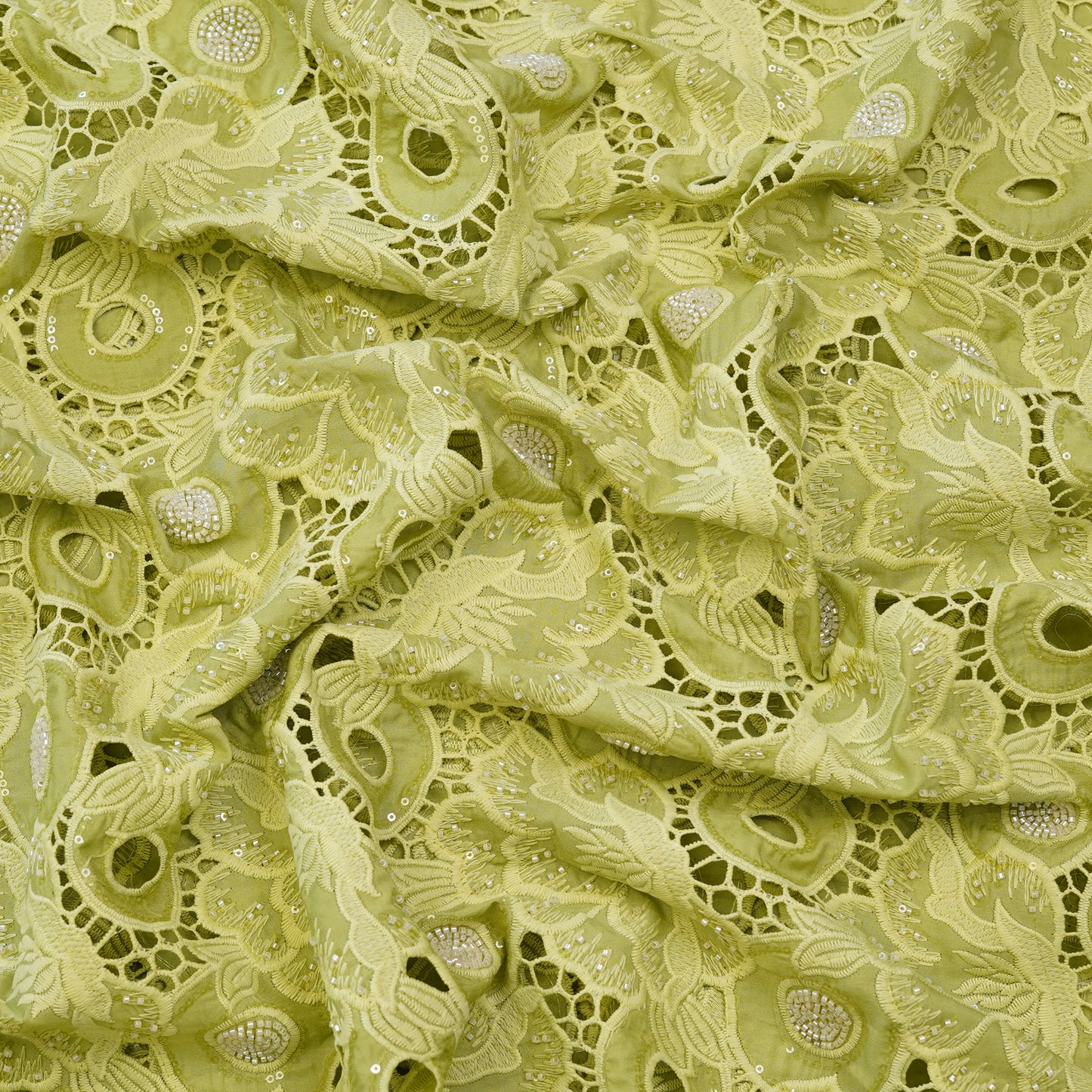 Luxury Lime Green 3D Cutwork Sequin Embroidered Fabric