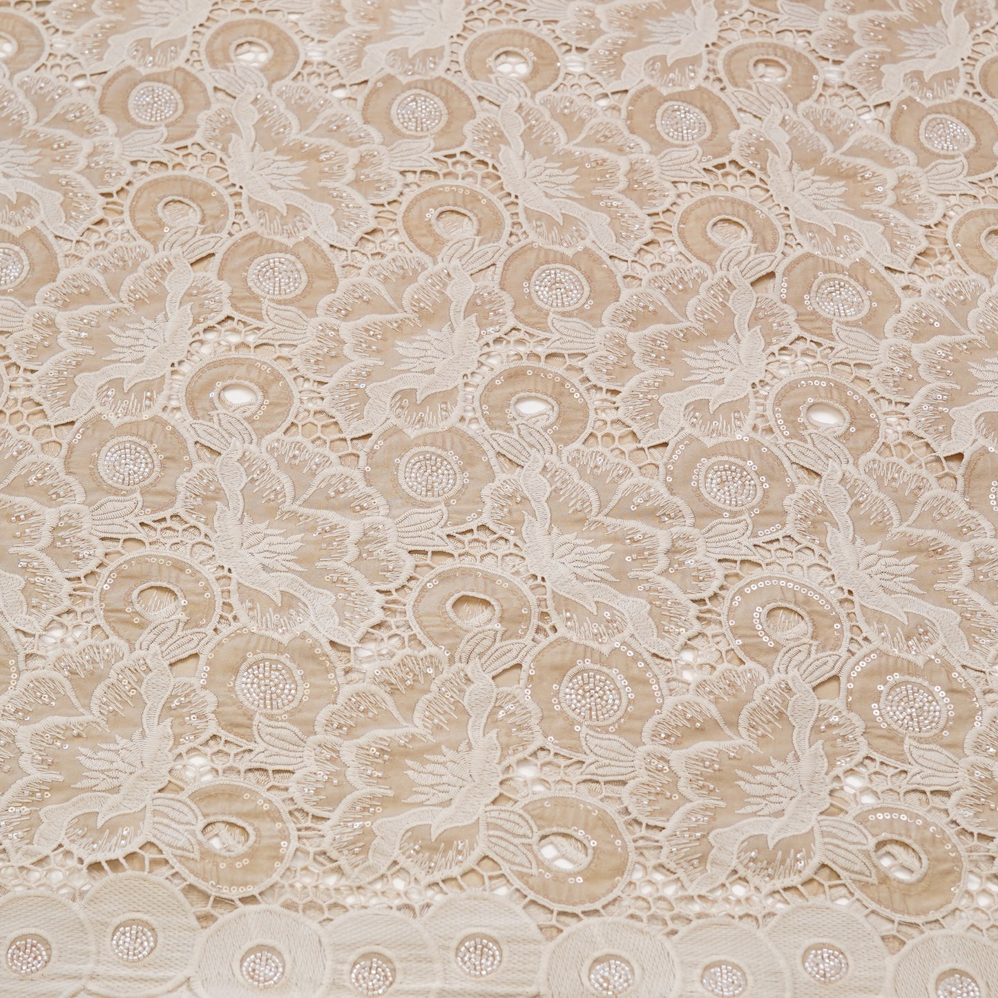 Luxury Beige Cutwork Sequin Embroidered Fabric