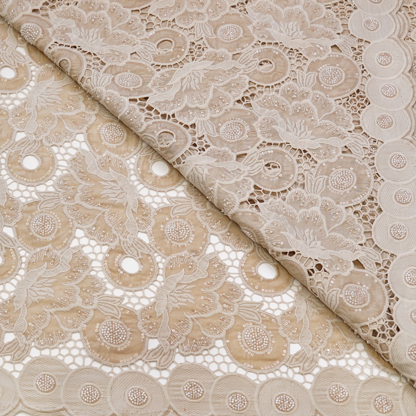 Luxury Beige Cutwork Sequin Embroidered Fabric