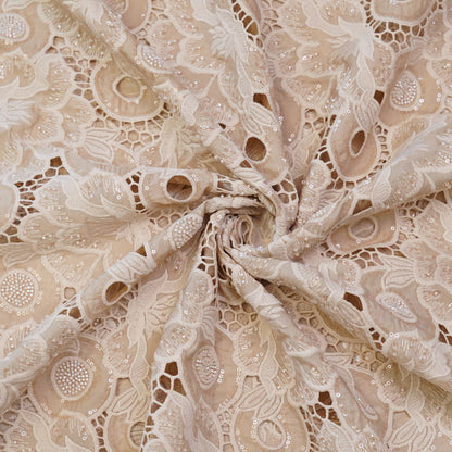 Luxury Beige Cutwork Sequin Embroidered Fabric