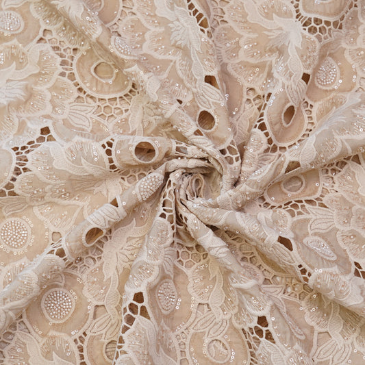 Luxury Beige Cutwork Sequin Embroidered Fabric