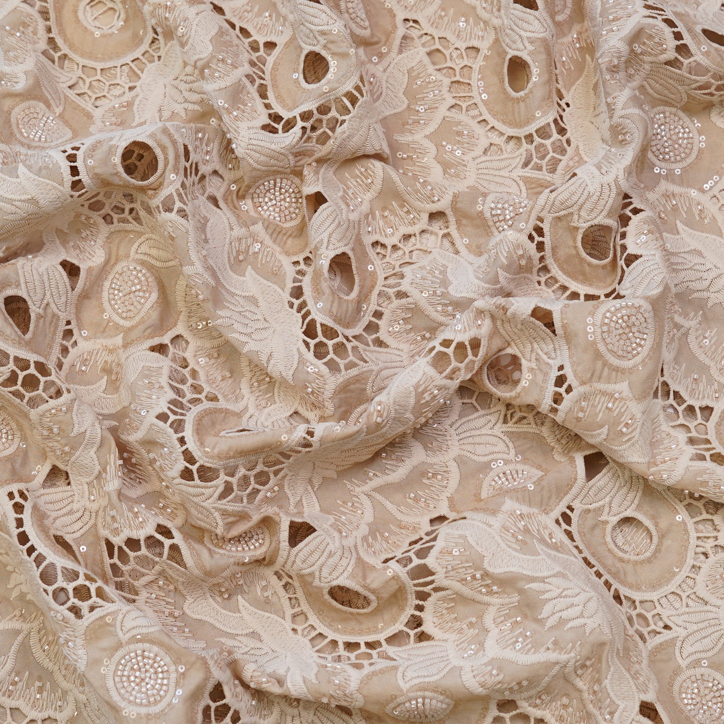 Luxury Beige Cutwork Sequin Embroidered Fabric