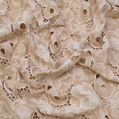 Luxury Beige Cutwork Sequin Embroidered Fabric