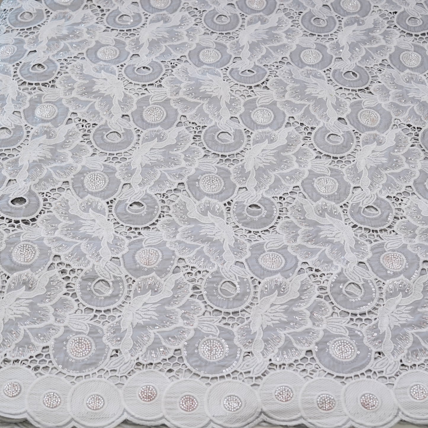Luxury Pearl White Sequin & Bead Embroidered Cutwork Fabric