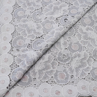 Luxury Pearl White Sequin & Bead Embroidered Cutwork Fabric