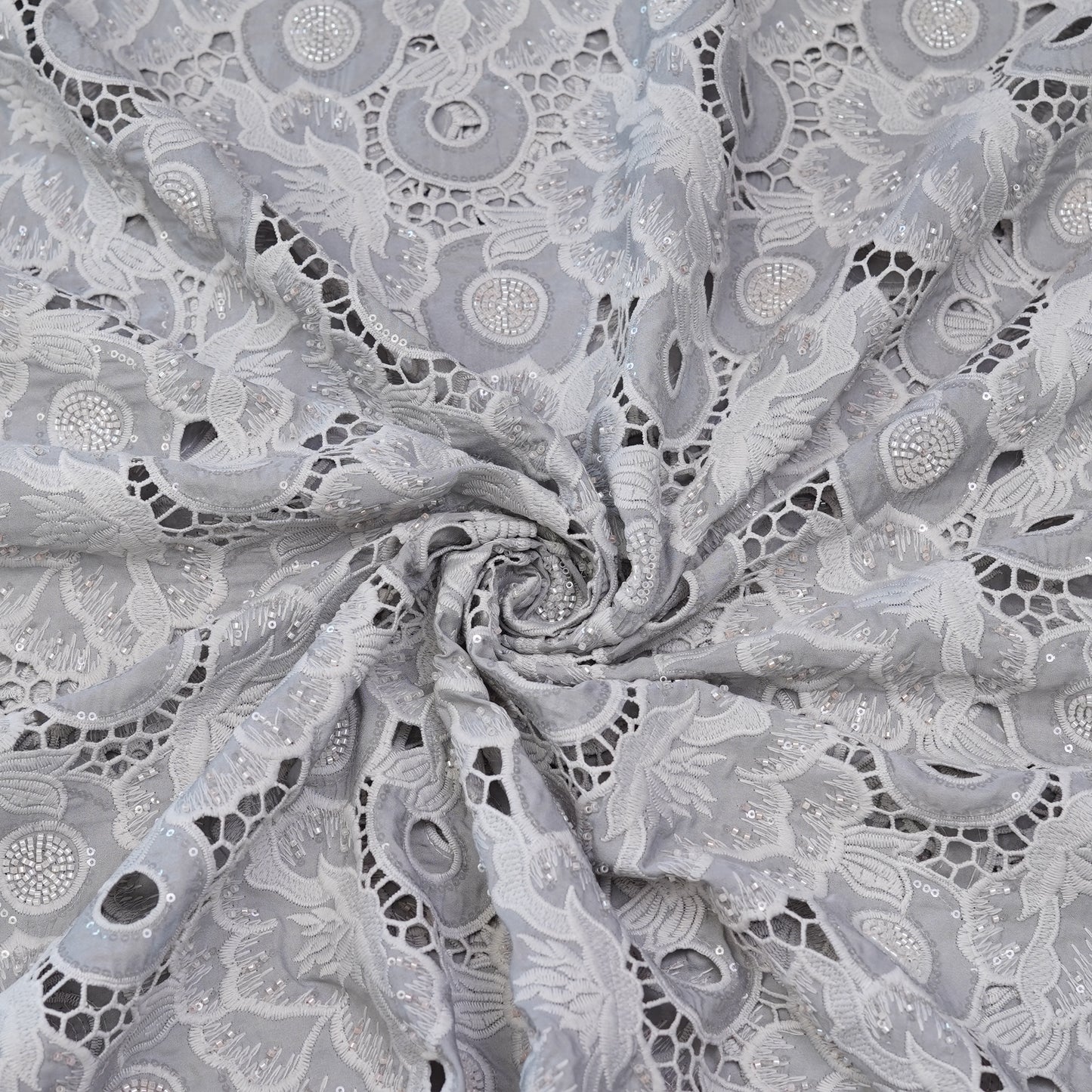 Luxury Pearl White Sequin & Bead Embroidered Cutwork Fabric