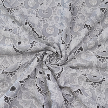 Luxury Pearl White Sequin & Bead Embroidered Cutwork Fabric