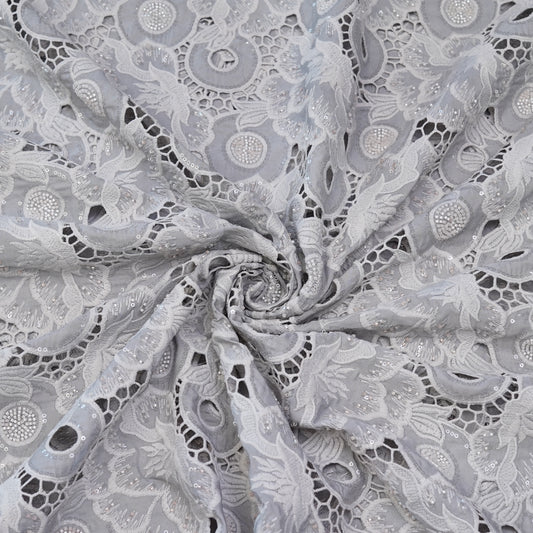 Luxury Pearl White Sequin & Bead Embroidered Cutwork Fabric