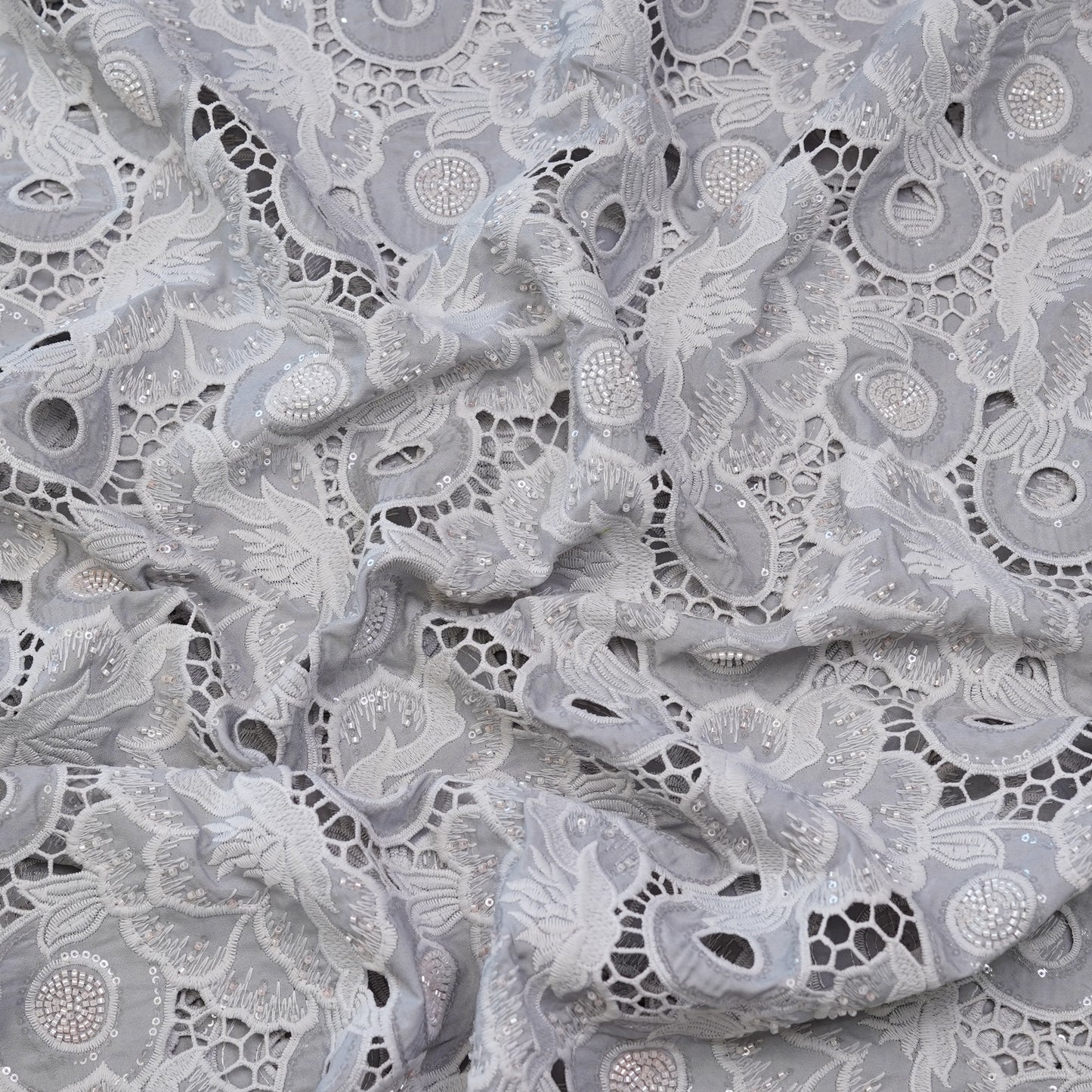 Luxury Pearl White Sequin & Bead Embroidered Cutwork Fabric